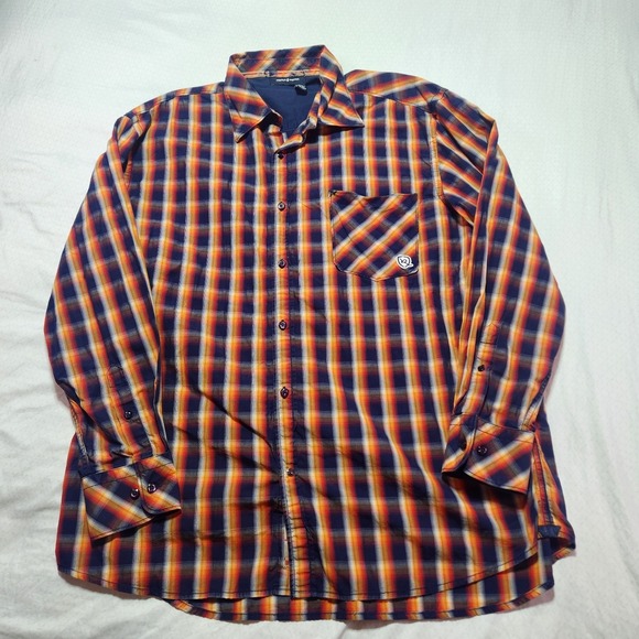Rocawear Other - Rocawear Mens 2XL Plaid Button Up Shirt Blue Orange Yellow Long Sleeve Cotton